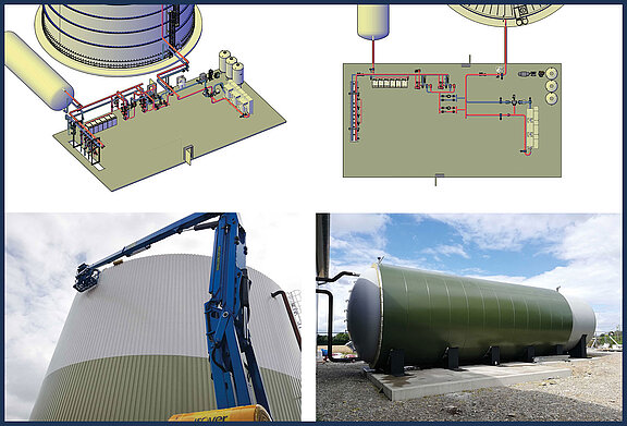 Fig. 5: The insulated heat buffer storage tank (left) and the associated pendulum storage tank (right) in Fuchstal